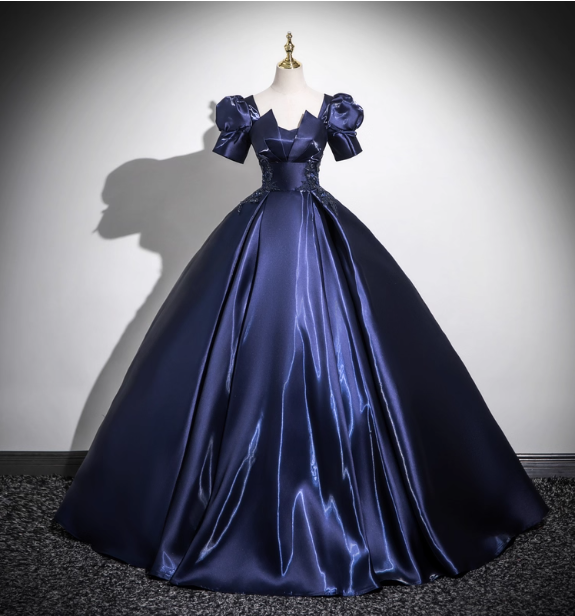 Elegant Navy Blue Puff Sleeve Satin Long Ball Gown Prom Dress Sweet 16 Dress