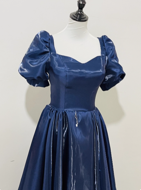 Elegant Navy Blue Puffed Short Sleeve Satin Long Formal Prom Dress