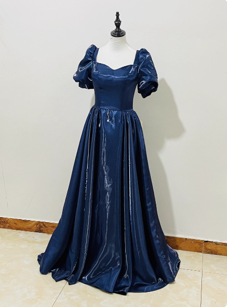 Elegant Navy Blue Puffed Short Sleeve Satin Long Formal Prom Dress
