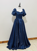 Elegant Navy Blue Puffed Short Sleeve Satin Long Formal Prom Dress