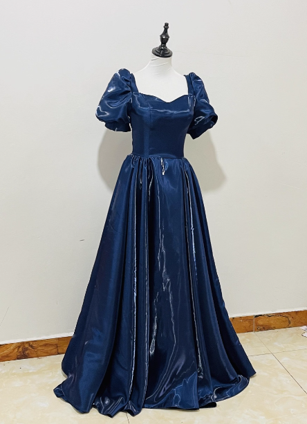 Elegant Navy Blue Puffed Short Sleeve Satin Long Formal Prom Dress