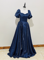 Elegant Navy Blue Puffed Short Sleeve Satin Long Formal Prom Dress