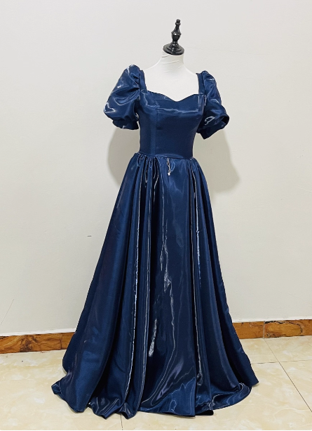Elegant Navy Blue Puffed Short Sleeve Satin Long Formal Prom Dress