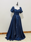 Elegant Navy Blue Puffed Short Sleeve Satin Long Formal Prom Dress