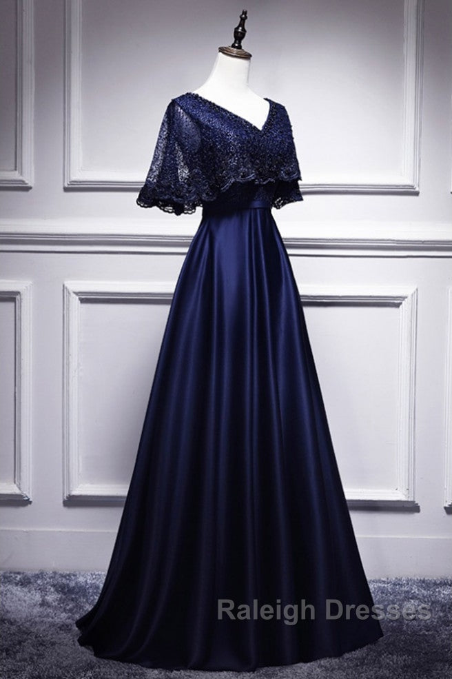 Elegant Navy Blue Short Sleeved Beaded Cape With Satin Lace Navy Blue V-Neck Backless And Ground Length Prom Dresses