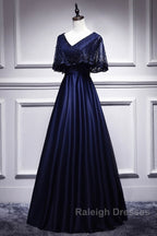 Elegant Navy Blue Short Sleeved Beaded Cape With Satin Lace Navy Blue V-Neck Backless And Ground Length Evening Dress