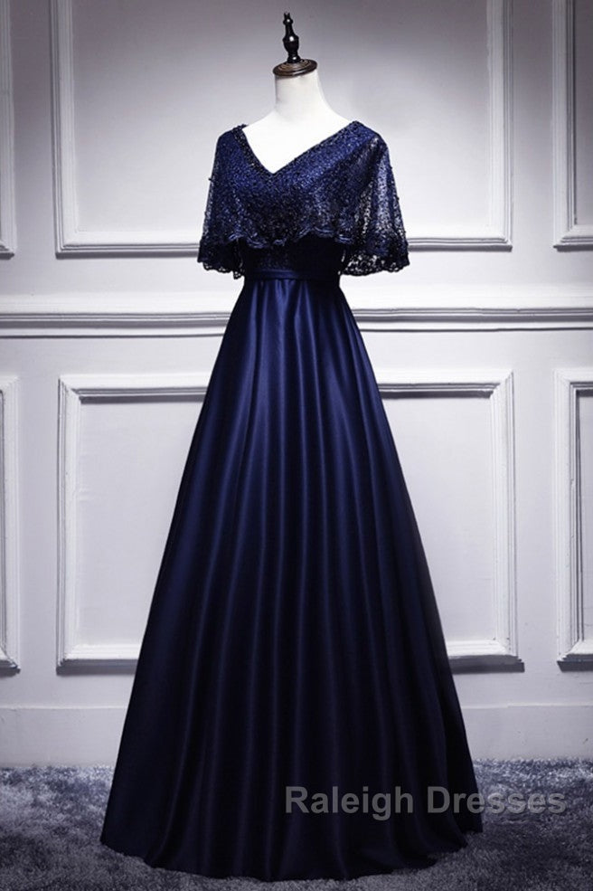 Elegant Navy Blue Short Sleeved Beaded Cape With Satin Lace Navy Blue V-Neck Backless And Ground Length Prom Dresses