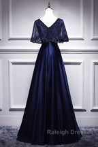 Elegant Navy Blue Short Sleeved Beaded Cape With Satin Lace Navy Blue V-Neck Backless And Ground Length Prom Dresses
