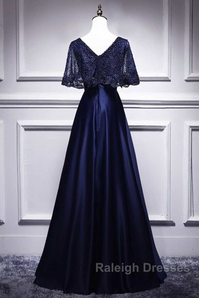 Elegant Navy Blue Short Sleeved Beaded Cape With Satin Lace Navy Blue V-Neck Backless And Ground Length Prom Dresses