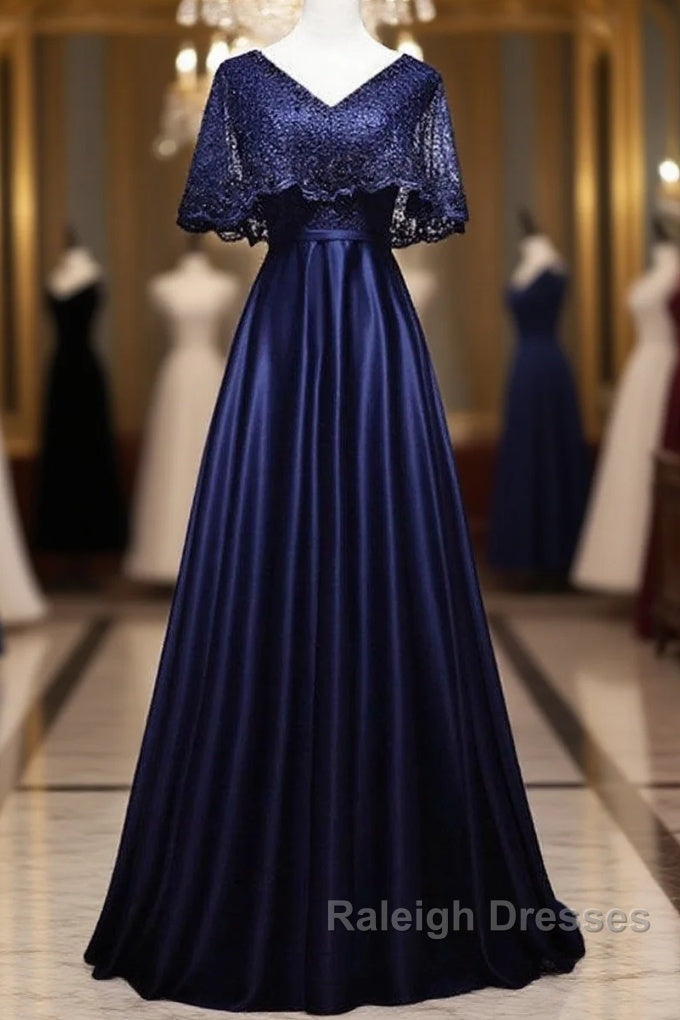 Elegant Navy Blue Short Sleeved Beaded Cape With Satin Lace Navy Blue V-Neck Backless And Ground Length Prom Dresses