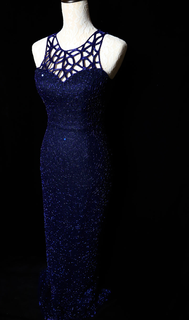 Elegant Navy Blue Sleeveless Cutout Halter Mermaid Bead Embroidered Lace Formal Prom Dress