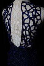 Elegant Navy Blue Sleeveless Cutout Halter Mermaid Bead Embroidered Lace Formal Prom Dress