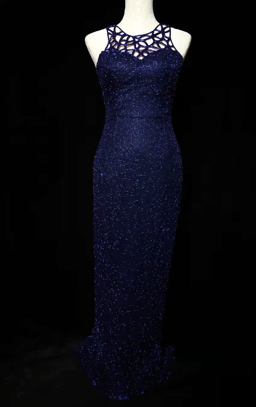 Elegant Navy Blue Sleeveless Cutout Halter Mermaid Bead Embroidered Lace Formal Prom Dress Main image