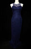 Elegant Navy Blue Sleeveless Cutout Halter Mermaid Bead Embroidered Lace Formal Prom Dress