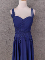 Elegant Navy Blue Spaghetti Strap Lace Ruffled Chiffon Long Formal Prom Dress