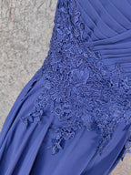 Elegant Navy Blue Spaghetti Strap Lace Ruffled Chiffon Long Formal Prom Dress