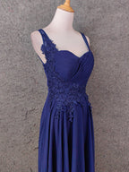 Elegant Navy Blue Spaghetti Strap Lace Ruffled Chiffon Long Formal Prom Dress