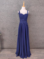 Elegant Navy Blue Spaghetti Strap Lace Ruffled Chiffon Long Formal Prom Dress