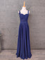 Elegant Navy Blue Spaghetti Strap Lace Ruffled Chiffon Long Formal Prom Dress