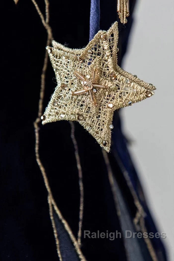 Elegant Navy Blue Spaghetti Strap Long Prom Dress With Star