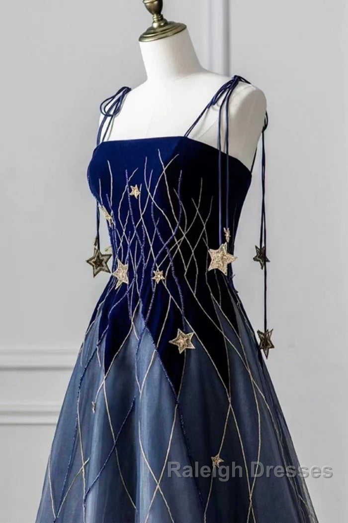 Elegant Navy Blue Spaghetti Strap Long Prom Dress With Star