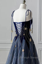 Elegant Navy Blue Spaghetti Strap Long Prom Dress With Star