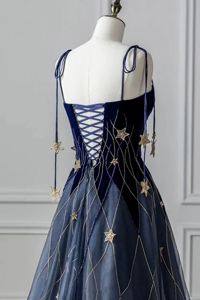 Elegant Navy Blue Spaghetti Strap Prom Dresses Long With Star