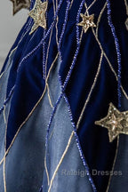 Elegant Navy Blue Spaghetti Strap Prom Dresses Long With Star