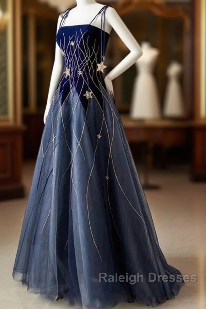 Elegant Navy Blue Spaghetti Strap Long Prom Dress With Star Main image