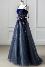 Elegant Navy Blue Spaghetti Strap Prom Dresses Long With Star