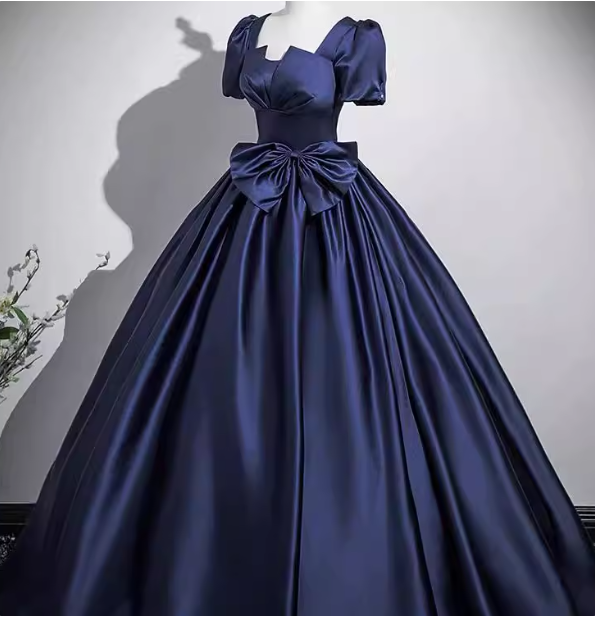Elegant Navy Blue Square Neck Puff Sleeve Bow Satin Long Formal Prom Dress