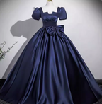 Elegant Navy Blue Square Neck Puff Sleeve Bow Satin Long Formal Prom Dress