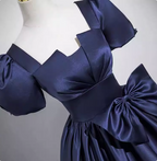 Elegant Navy Blue Square Neck Puff Sleeve Bow Satin Long Formal Prom Dress
