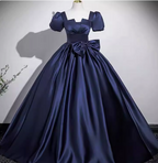 Elegant Navy Blue Square Neck Puff Sleeve Bow Satin Long Formal Prom Dress