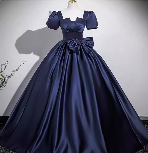 Elegant Navy Blue Square Neck Puff Sleeve Bow Satin Long Formal Prom Dress
