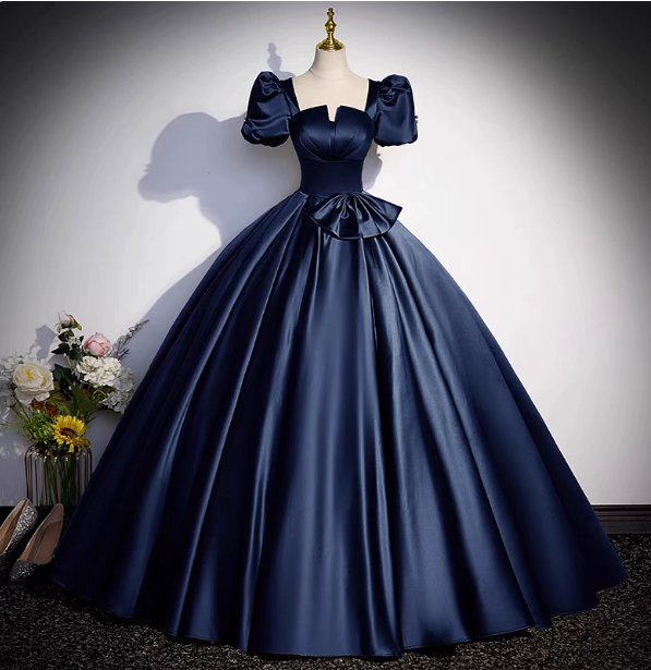 Elegant Navy Blue Square Neck Puff Sleeve Bow Satin Long Formal Prom Dress