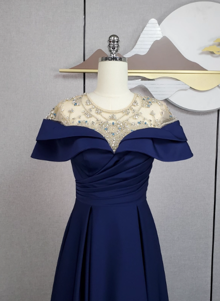 Elegant Navy Blue Train Beaded Satin Formal Prom Dress