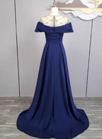Elegant Navy Blue Train Beaded Satin Formal Prom Dress
