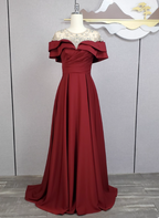 Elegant Navy Blue Train Beaded Satin Formal Prom Dress