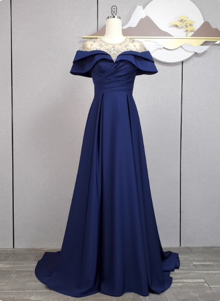 Elegant Navy Blue Train Beaded Satin Formal Prom Dress