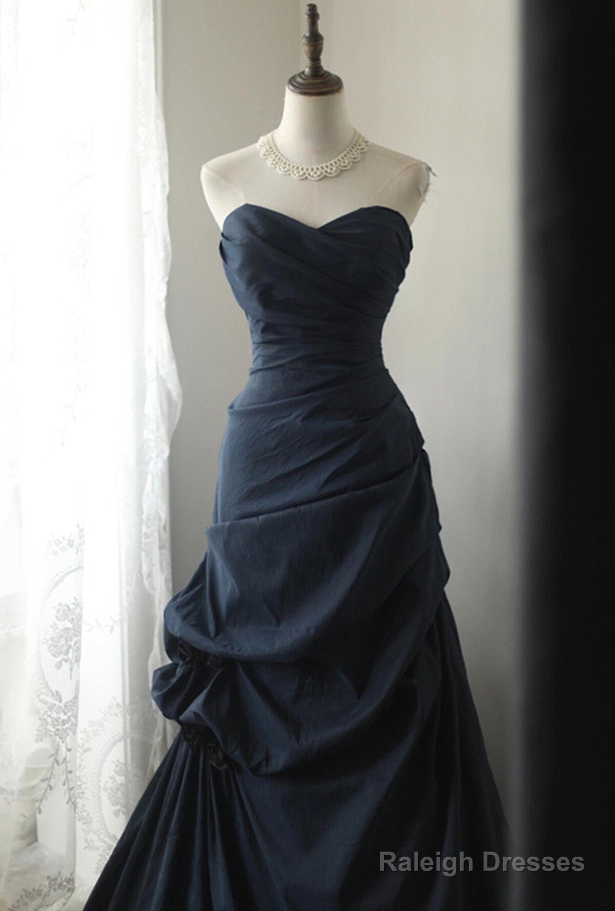 Elegant Navy Blue Vintage Style Taffeta Long Prom Dress, Navy Blue Party Dress Secondary image