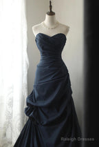 Elegant Navy Blue Vintage Style Taffeta Long Prom Dress, Navy Blue Party Dress