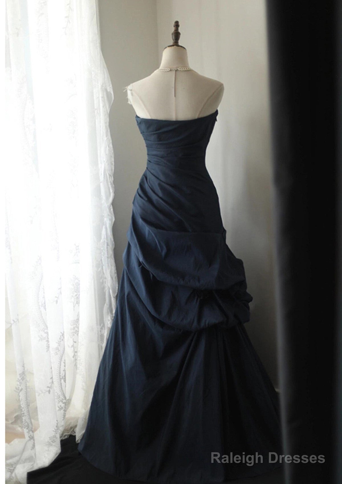 Elegant Navy Blue Vintage Style Taffeta Long Prom Dress, Navy Blue Party Dress