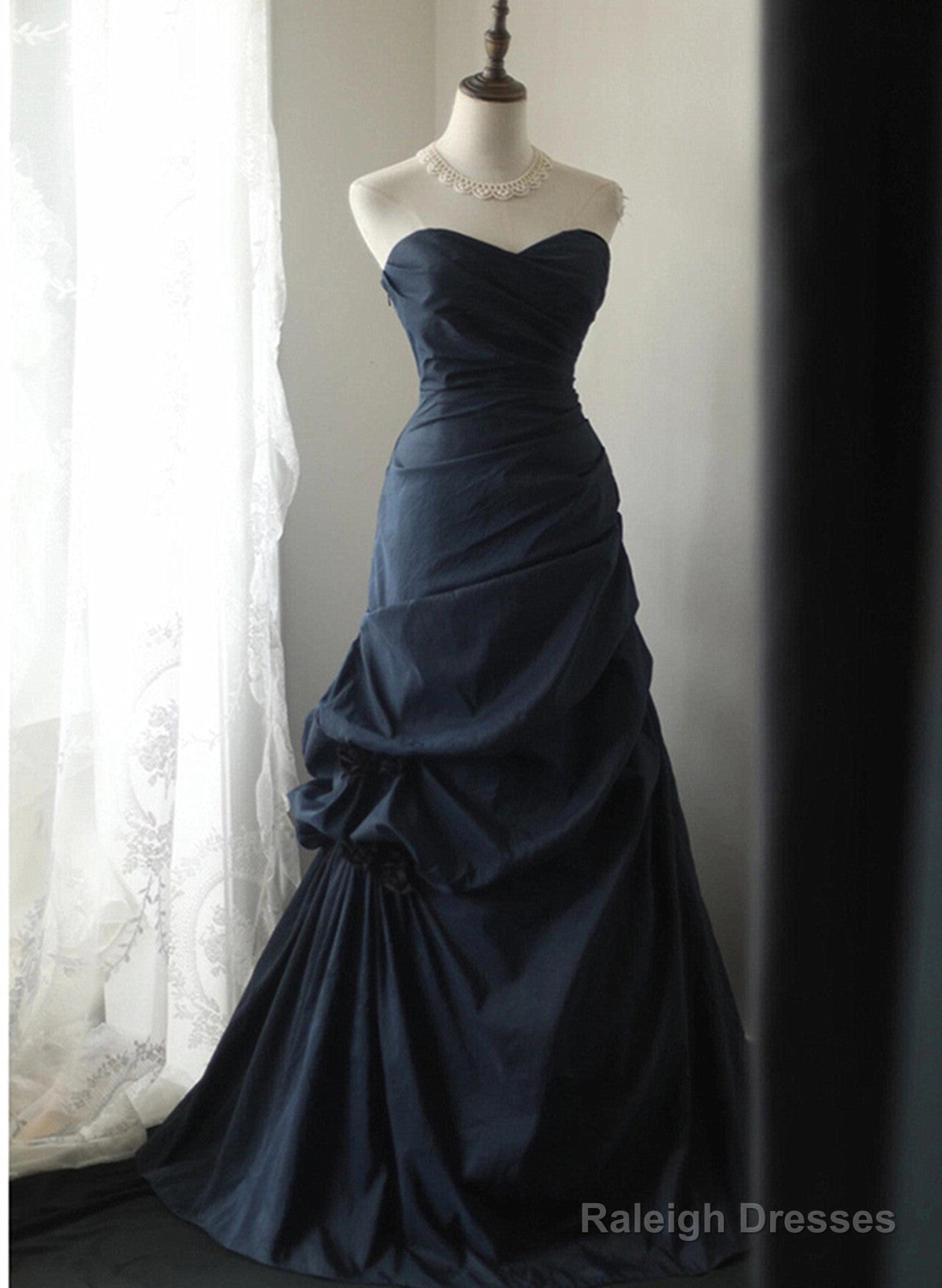 Elegant Navy Blue Vintage Style Taffeta Long Prom Dress, Navy Blue Party Dress Main image