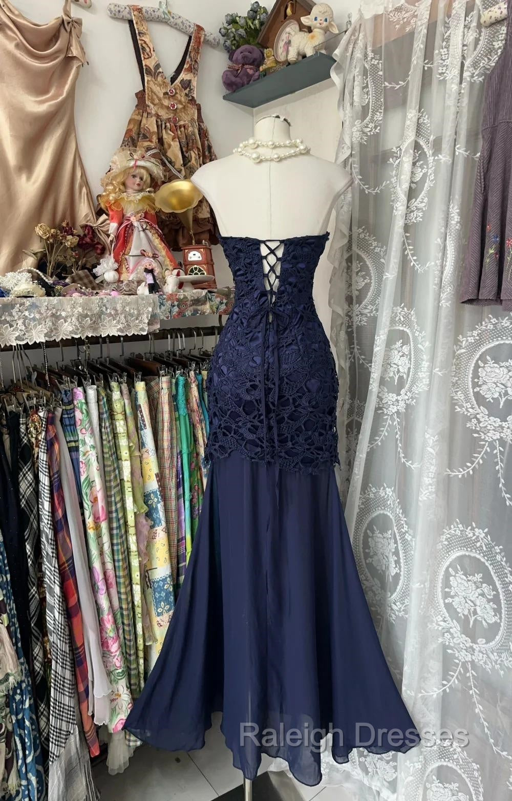 Elegant Navy Mermaid Strapless Prom Dress Backless Chiffon Birthday Evening Dress