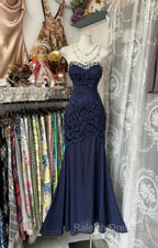 Elegant Navy Mermaid Strapless Prom Dress Backless Chiffon Birthday Evening Dress
