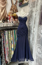 Elegant Navy Mermaid Strapless Prom Dresses Backless Chiffon Birthday Prom Dresses