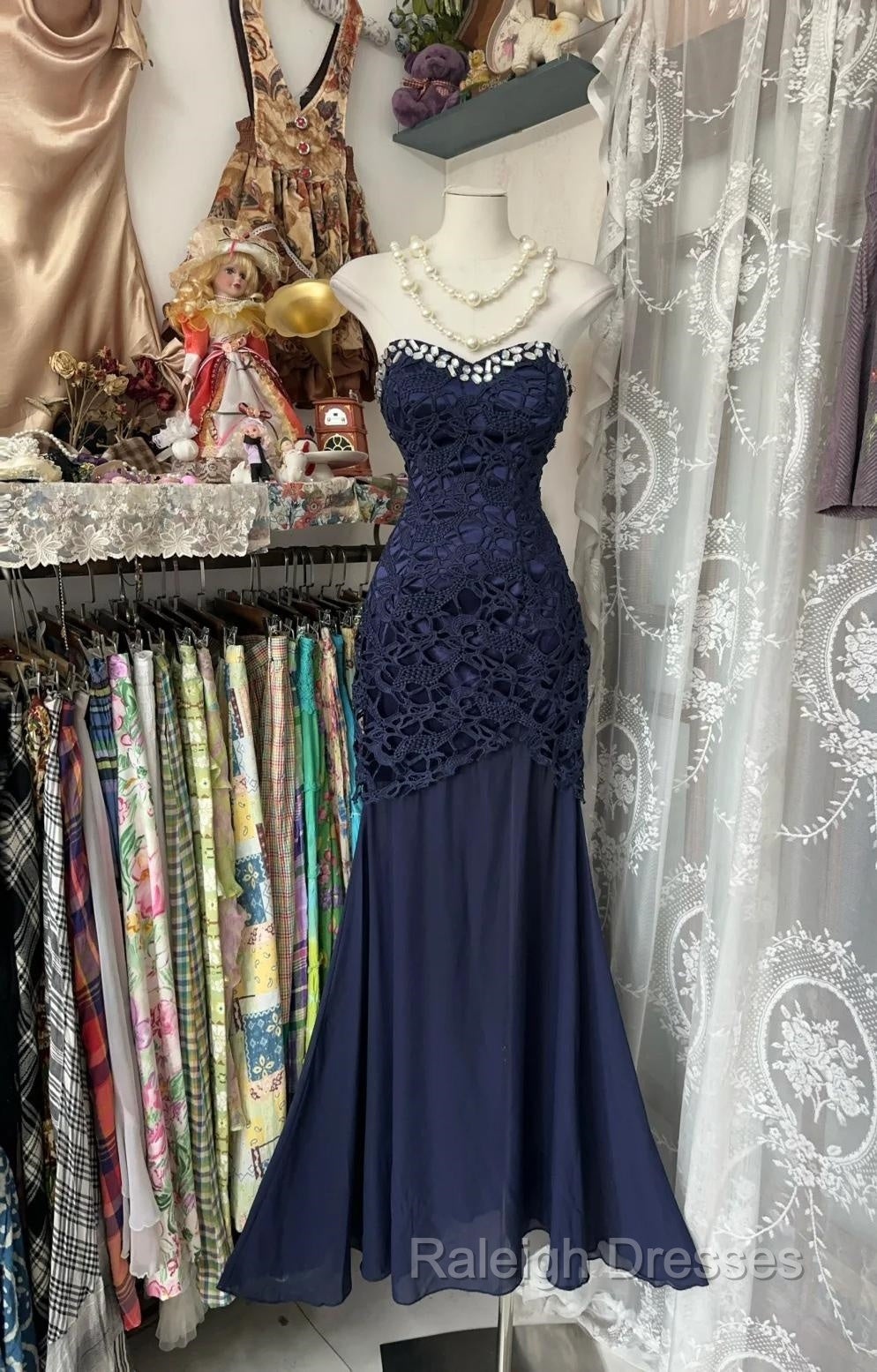 Elegant Navy Mermaid Strapless Prom Dresses Backless Chiffon Birthday Prom Dresses