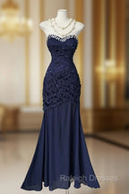 Elegant Navy Mermaid Strapless Prom Dress Backless Chiffon Birthday Evening Dress