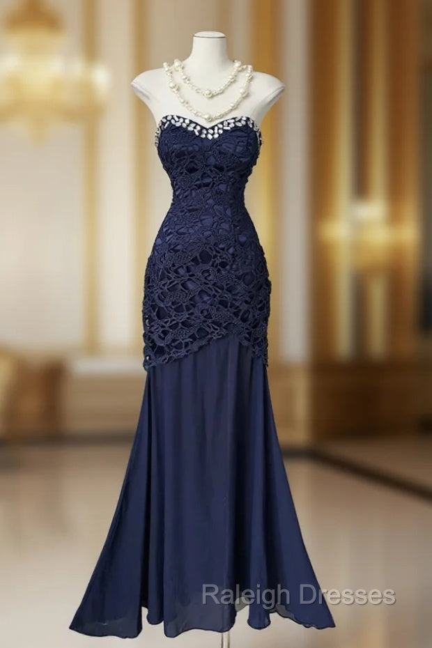 Elegant Navy Mermaid Strapless Prom Dress Backless Chiffon Birthday Evening Dress